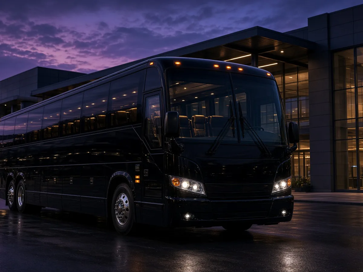 Black full-size luxury motorcoach outside a modern convention center at dusk