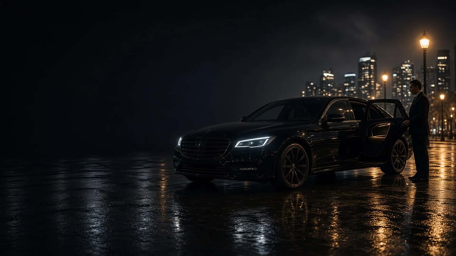 Chauffeur in a dark suit holding the rear door of a black luxury sedan on a wet city street at night, downtown skyline behind