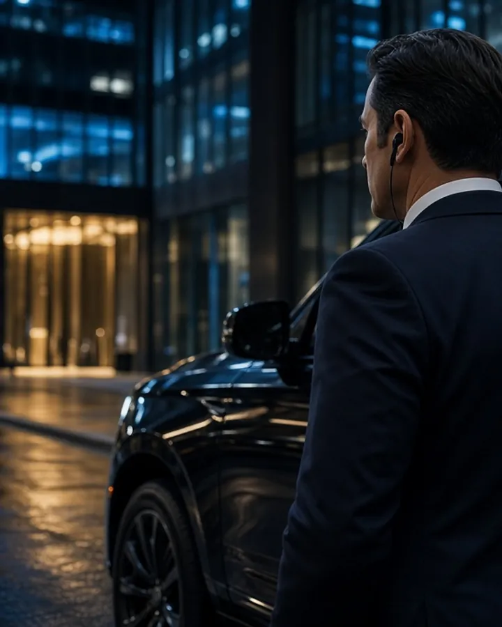 Executive protection agent with earpiece beside a black armored SUV
